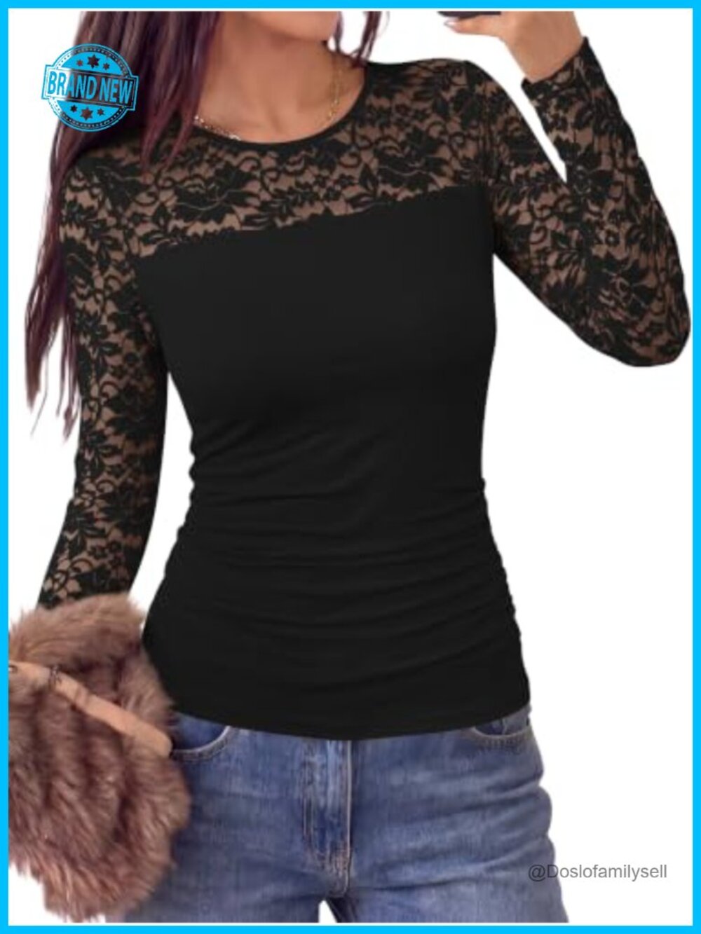 Women's Lace Long Sleeve Top Sheer Mesh Floral Ruched Blouse Dressy Casual